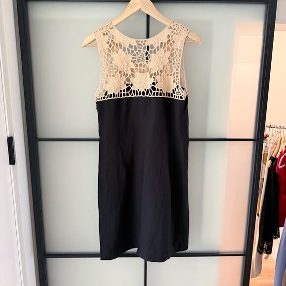 Ann Taylor Loft 100% Linen Dress Size 6 Boho Crochet Lace Black Classy Sundress - Picture 4 of 16